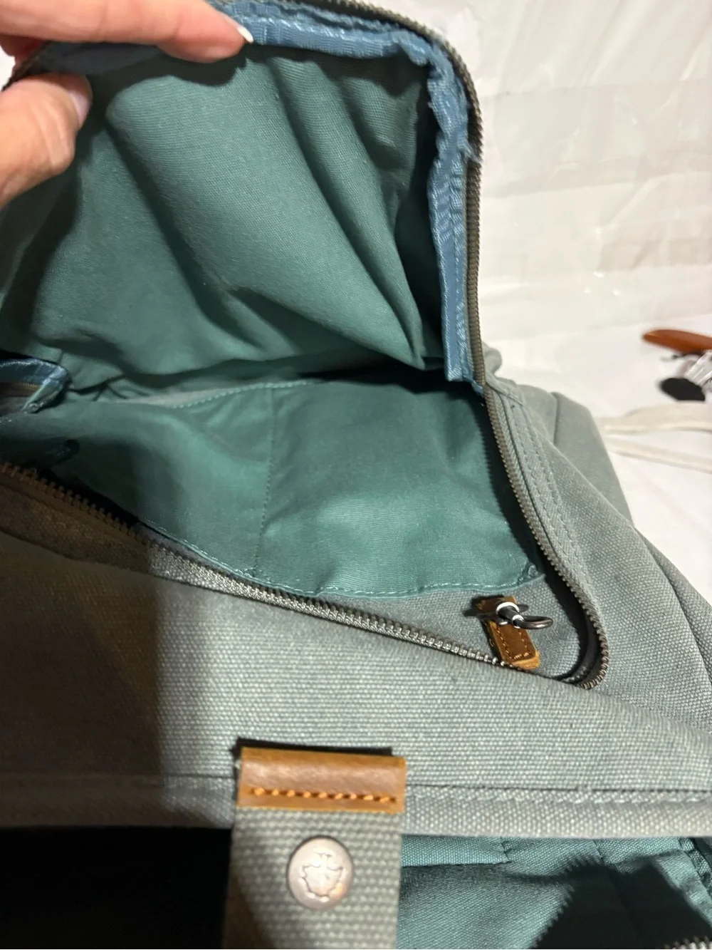 TSD Canvas Daypack Backpack with Tan Leather Accents - Green